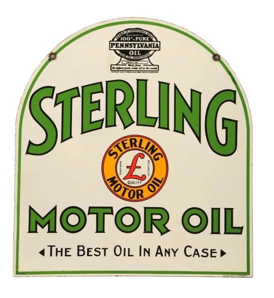 STERLING MOTOR OIL W/ LOGO TOMBSTONE SHAPED SIGN. 