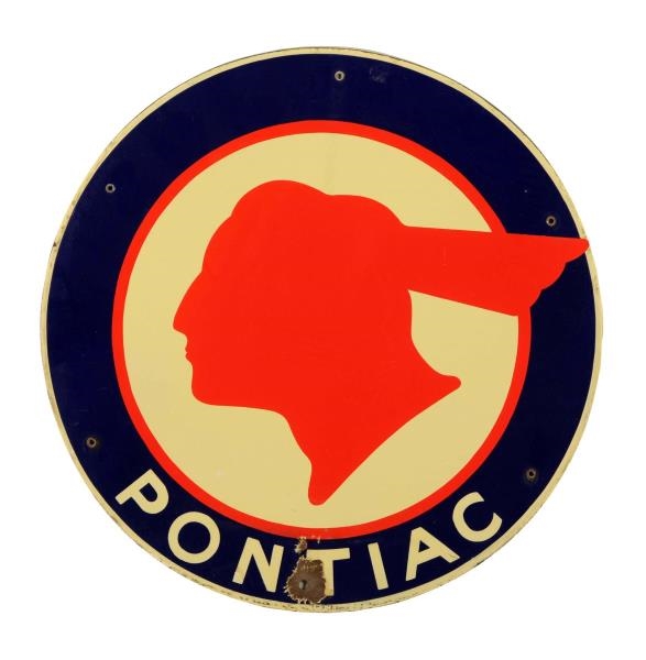 PONTIAC WITH FULL FEATHER LOGO PORCELAIN SIGN.    
