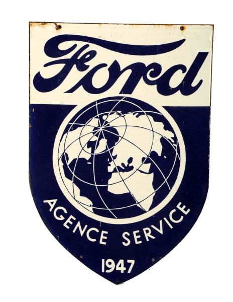 FORD AGENCY SERVICE 1947 WITH WORLD LOGO SIGN.    
