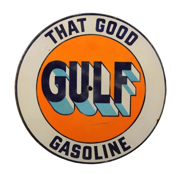 THAT GOOD GULF GASOLINE CONVEXED SIGN.            