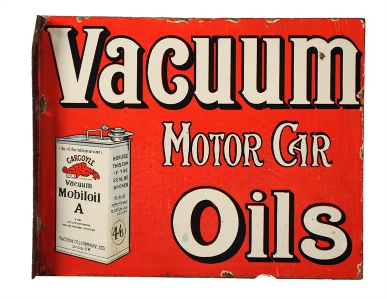 VACUUM MOTOR CARS OILS W/ SQUARE CAN GRAPHIC SIGN.