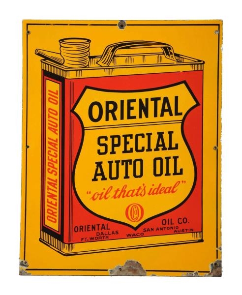 ORIENTAL SPECIAL AUTO OIL W FLAT CAN GRAPHIC SIGN.