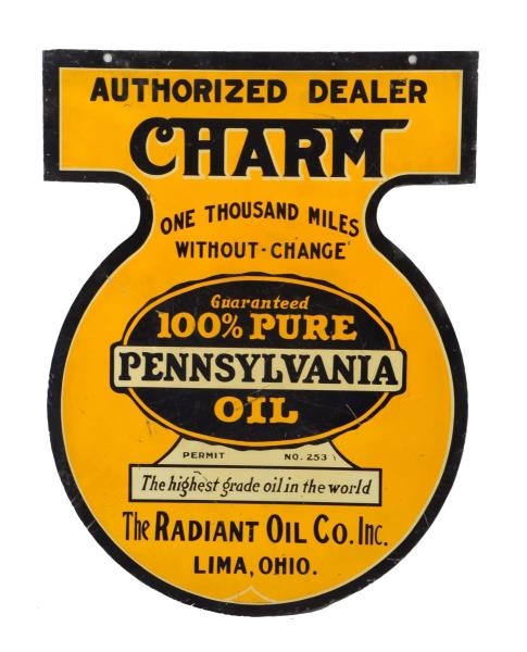 CHARM (MOTOR OIL) RADIANT OIL CO, LIMA OHIO SIGN. 