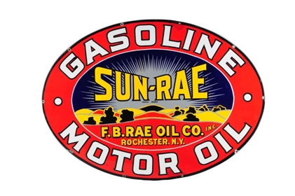 SUN-RAE GASOLINE MOTOR OIL OVAL PORCELAIN SIGN.   