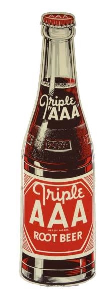 TRIPLE A ROOT BEER FIGURAL BOTTLE TIN SIGN        
