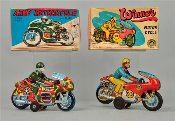 LOT OF 2: FOREIGN TIN LITHO FRICTION MOTORCYCLES. 