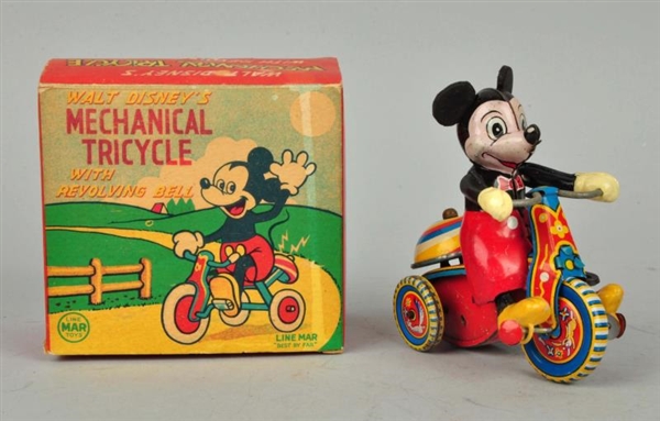LINEMAR JAPANESE TIN LITHO MICKEY MOUSE TRICYCLE. 