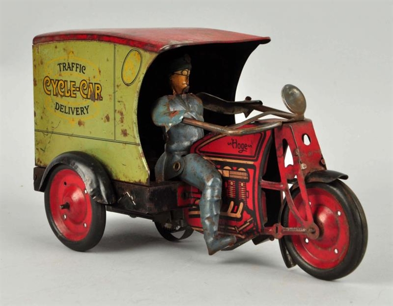 HOGE TIN LITHO WIND UP MOTORCYCLE DELIVERY TOY.   