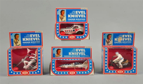LOT OF 4: IDEAL EVEL KNIEVEL VEHICLE TOYS.        