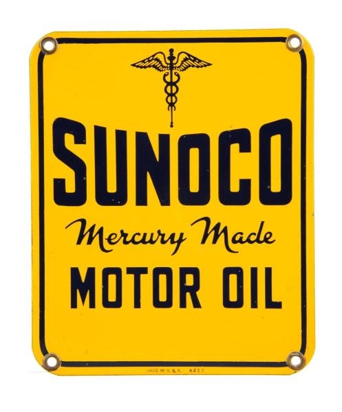 SUNOCO MERCURY MADE MOTOR OIL PORCELAIN SIGN.     
