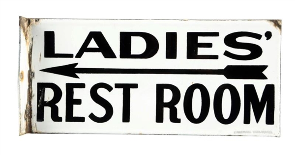 LADIES REST ROOM W/ ARROW PORCELAIN FLANGE SIGN.  