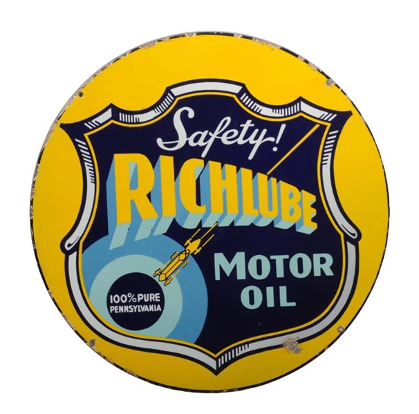 RICHLUBE SAFETY MOTOR OIL PORCELAIN SIGN.         