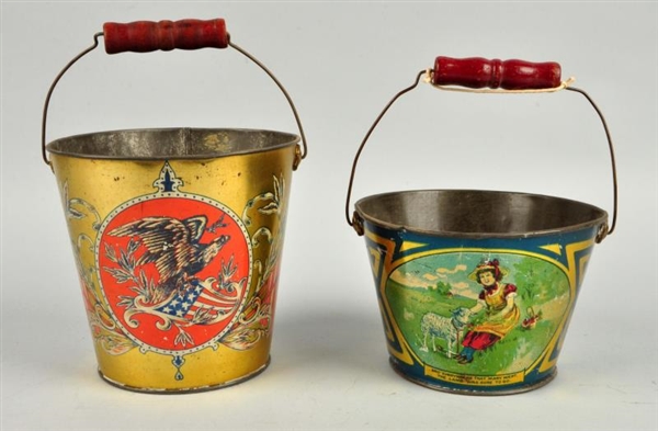 LOT OF 2: EARLY AMERICAN MADE TIN LITHO SAND PAIL.