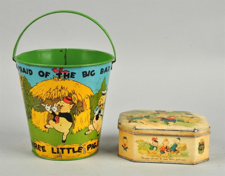 LOT OF 2:TIN LITHO THREE LITTLE PIGS THEMED ITEMS.