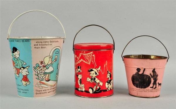 LOT OF 3: AMERICAN MADE TIN LITHO PAILS & CAN.    
