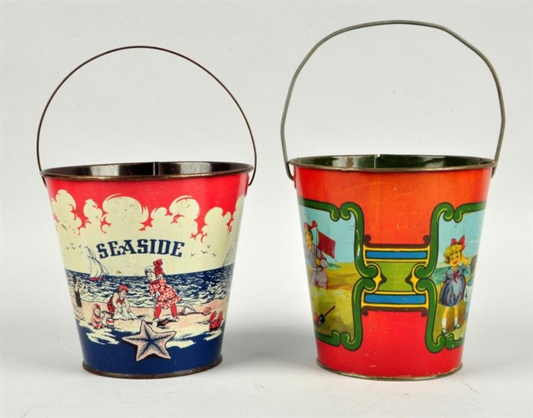 LOT OF 2: EARLY TIN LITHO BEACH THEMED SAND PAILS.