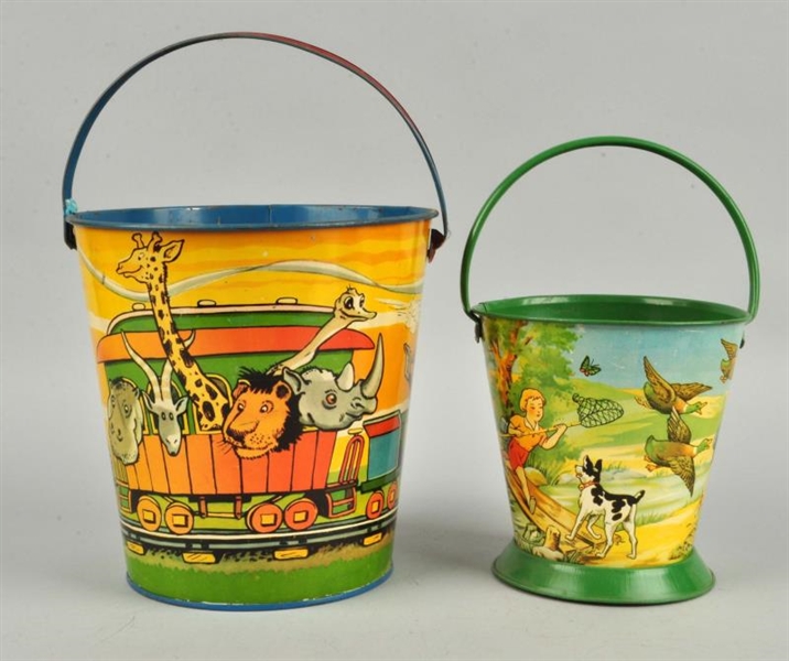 LOT OF 2: EARLY TIN LITHO CIRCUS & CHILDREN PAILS.