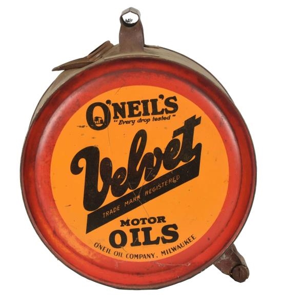 ONEILS VELVET MOTOR OIL FIVE GALLON CAN.         