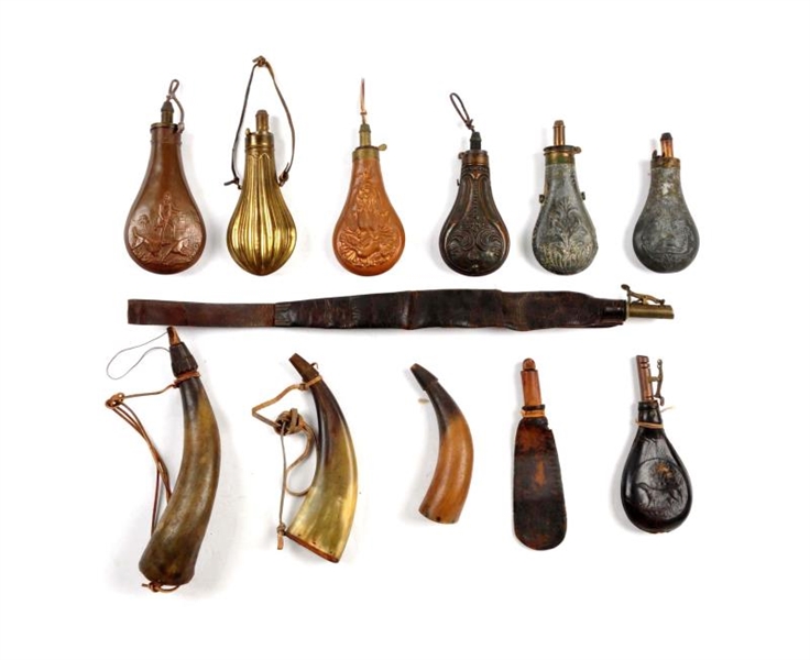 LOT OF 12: PERIOD POWDER FLASK HORNS.             
