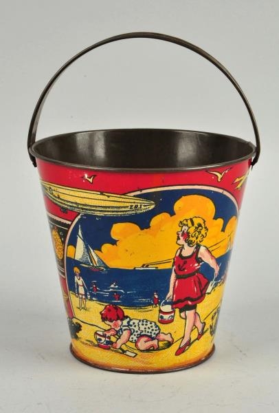 EARLY AMERICAN MADE TIN LITHO SEASIDE SAND PAIL.  
