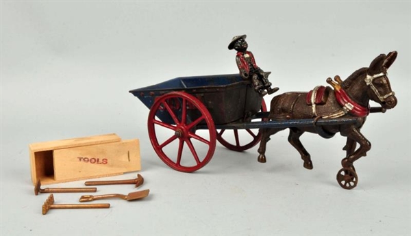 MULE DRAW COAL WAGON & TOY TOOL BOX WITH TOOLS.   
