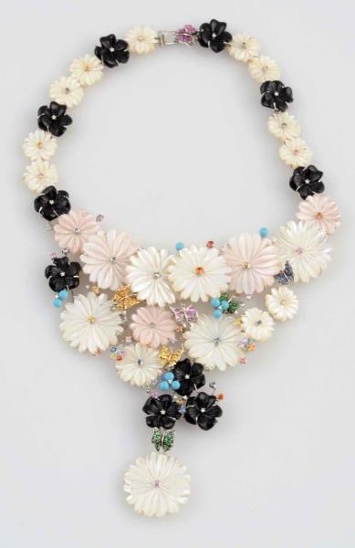 18K MULTICOLOR FLORAL NECKLACE WITH DIA. ACCENTS. 