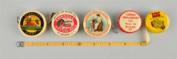 LOT OF 5: CELLULOID ADVERTISING TAPE MEASURES.    