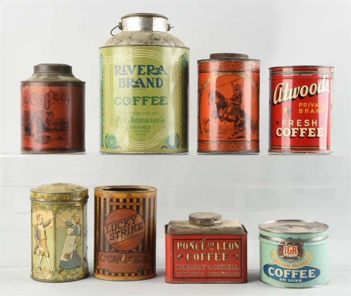 LOT OF 8: ASSORTED COFFEE CANS.                   