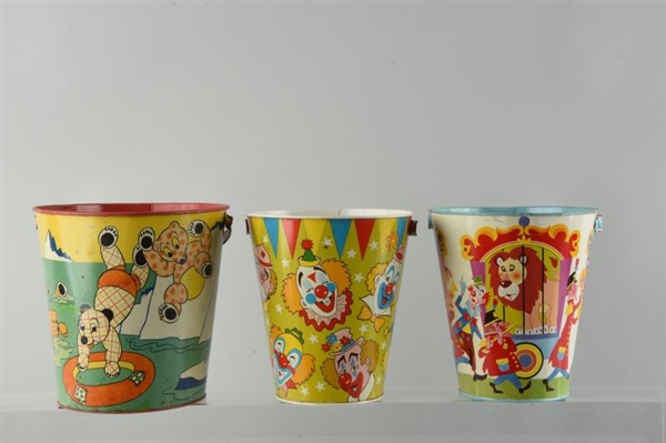 LOT OF 3: TIN LITHO SAND BUCKETS WITH CIRCUS.     