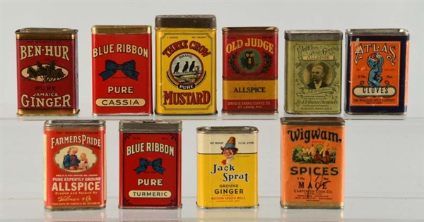 LOT OF 10: ASSORTED SPICE TINS.                   