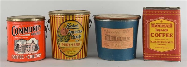 LOT OF 4: LARD, COFFEE & BUTTER CANISTERS.        
