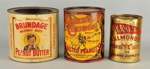 LOT OF 3: EARLY PEANUT & ALMOND TINS.             