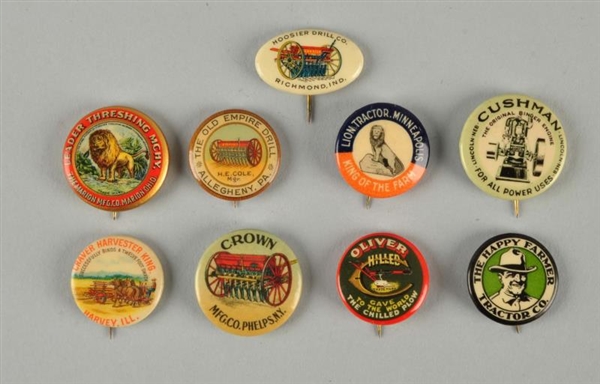 LOT OF 9: FARM MACHINERY ADVERTISING PINS.        