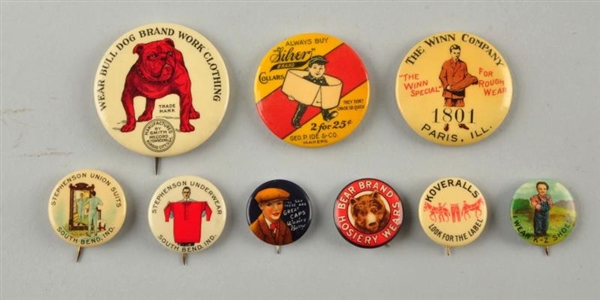 LOT OF 9: CLOTHING ADVERTISING PINS.              