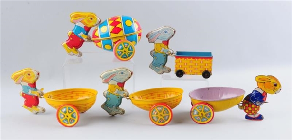 LOT OF 5: TIN LITHO EASTER RABBITS WITH CARTS     