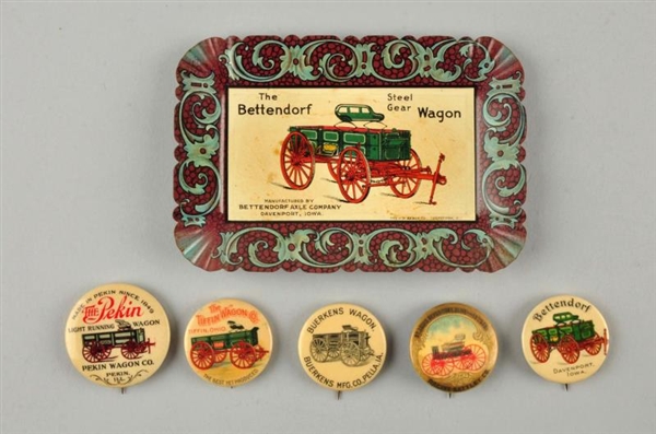 LOT OF 6: PINS AND ADVERTISING TRAY.              