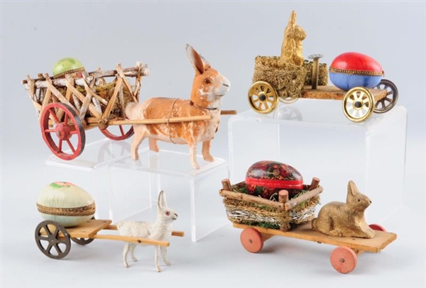 LOT OF 4: WOODEN EASTER BUNNY WAGONS.             