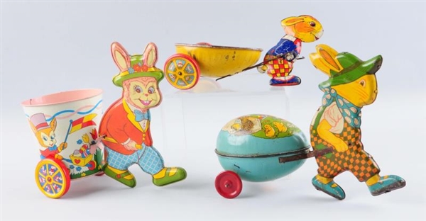LOT OF 3: TIN LITHO EASTER BUNNY CARTS.           