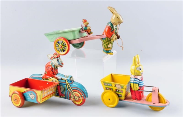 LOT OF 3: EASTER TIN LITHO BUNNY CARTS.           