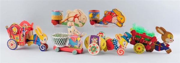 LOT OF 6: WOODEN EASTER RABBITS WITH CARTS.       