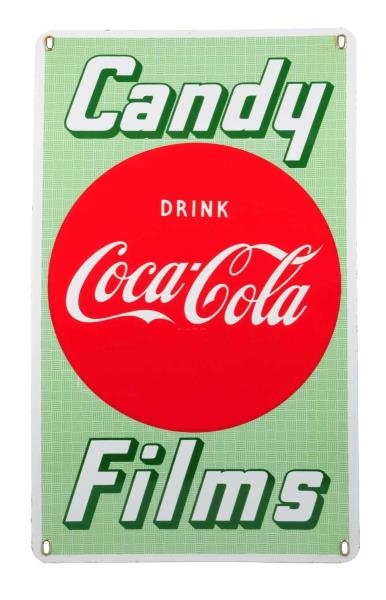 1950S COCA - COLA CANDY AND FILMS PORCELAIN SIGN.