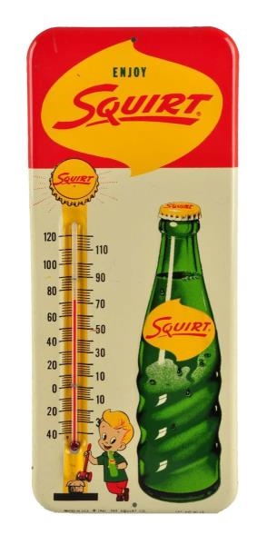 1961 SQUIRT EMBOSSED TIN THERMOMETER.             