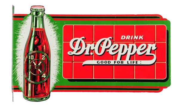 BEAUTIFUL 1937 LARGE DR. PEPPER TIN FLANGE SIGN.  