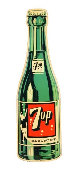 1940S 7-UP EMBOSSED TIN BOTTLE SIGN.             