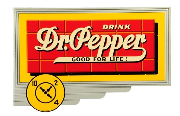 BEAUTIFUL 1940S DR. PEPPER TIN FLANGE SIGN.      