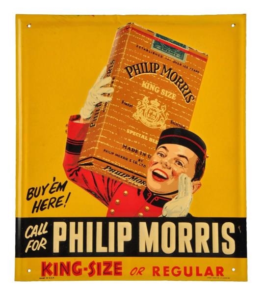 1940S - 50S PHILIP MORRIS EMBOSSED TIN SIGN.    