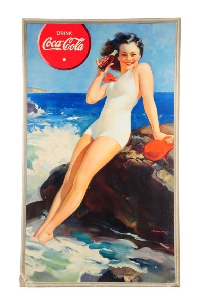 1938 BATHING GIRL ON ROCKS LARGE COCA-COLA POSTER.