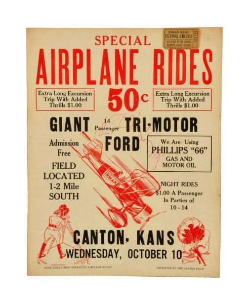 1920S AIRPLANE RIDES CARDBOARD POSTER.           