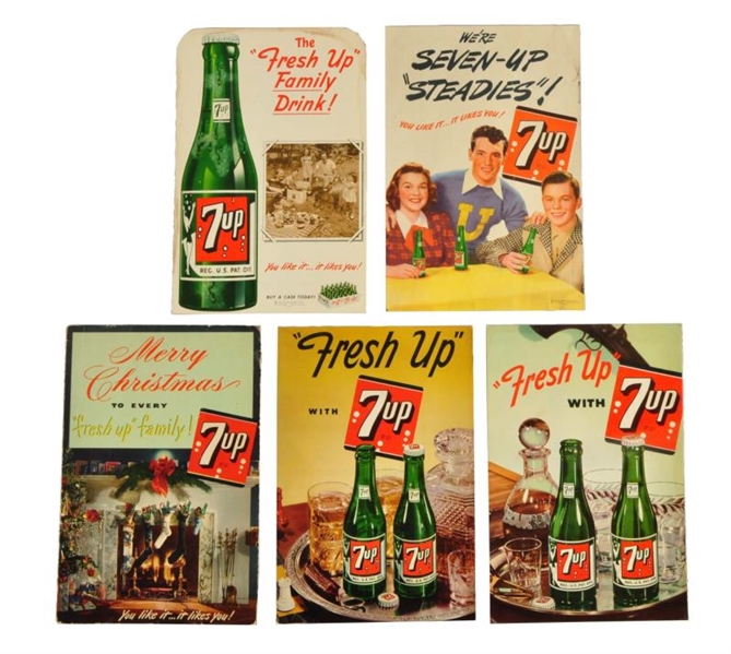 LOT OF 5: 1940S - 50S 7 - UP CARDBOARD SIGNS.   