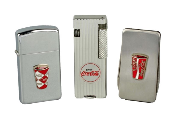 LOT OF 3: 1950S-60S COCA-COLA LIGHTERS & KNIFE. 
